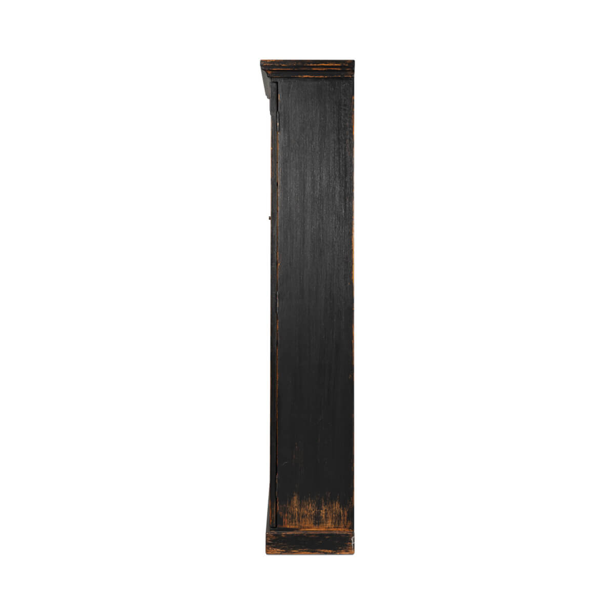Rustic black bookcase side profile view.