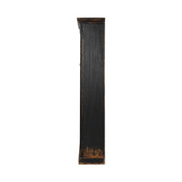 Rustic black bookcase side profile view.