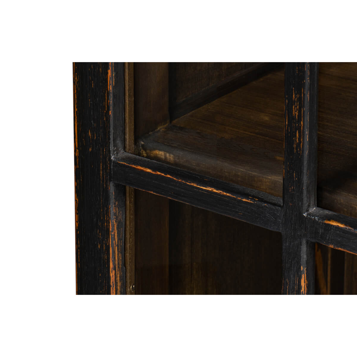 Rustic bookcase distressed finish close-up.