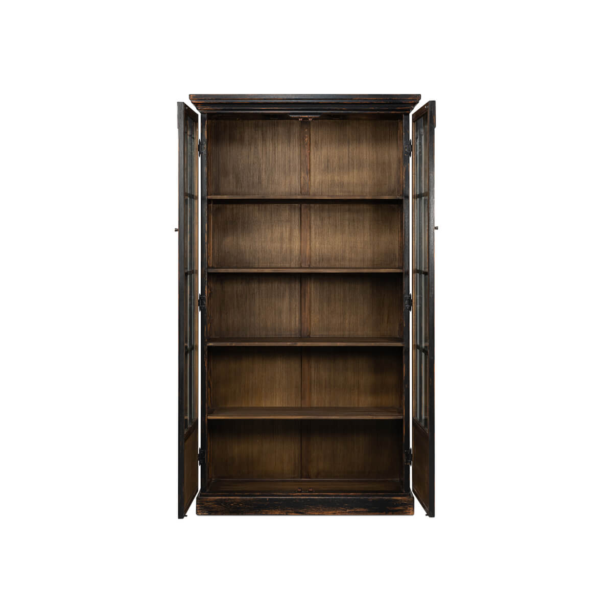 Rustic black bookcase front view open.