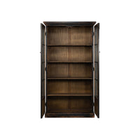 Rustic black bookcase front view open.