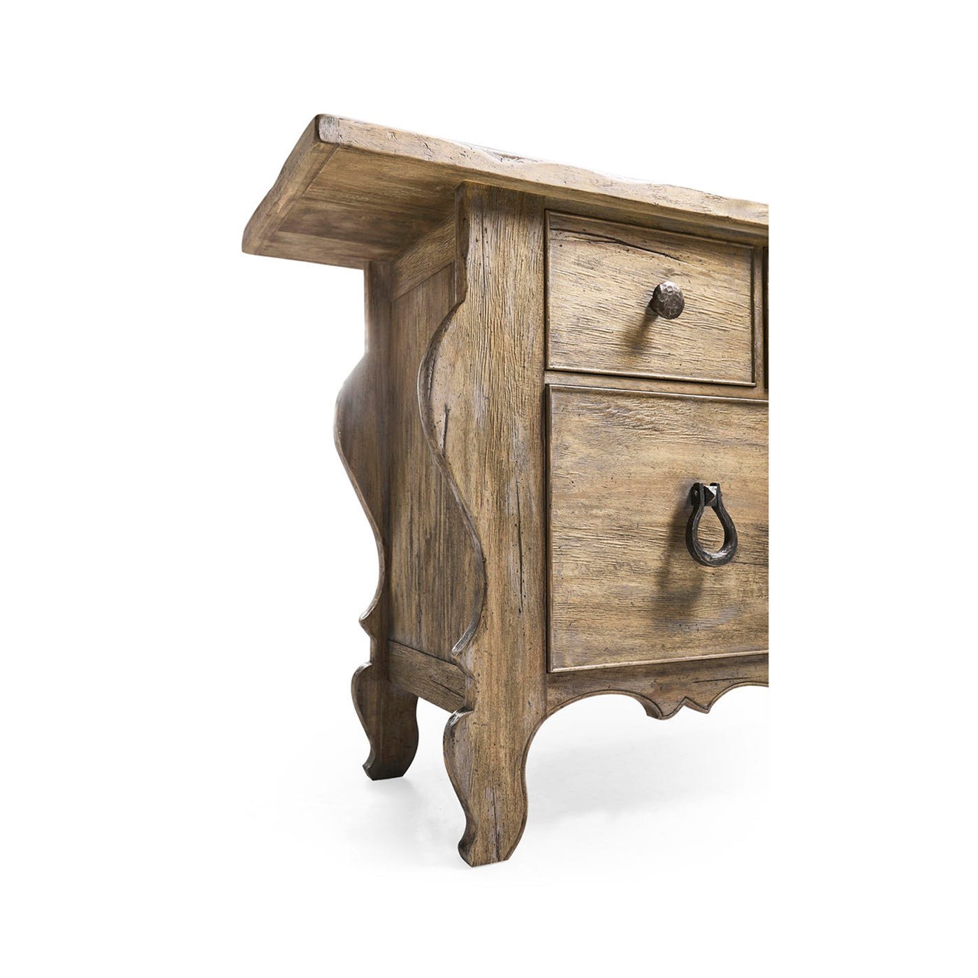 Decorative legs and lower section of rustic dresser.