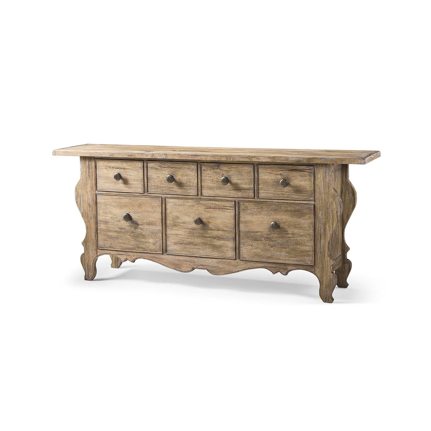 Rustic farmhouse dresser with multiple drawers, front view.
