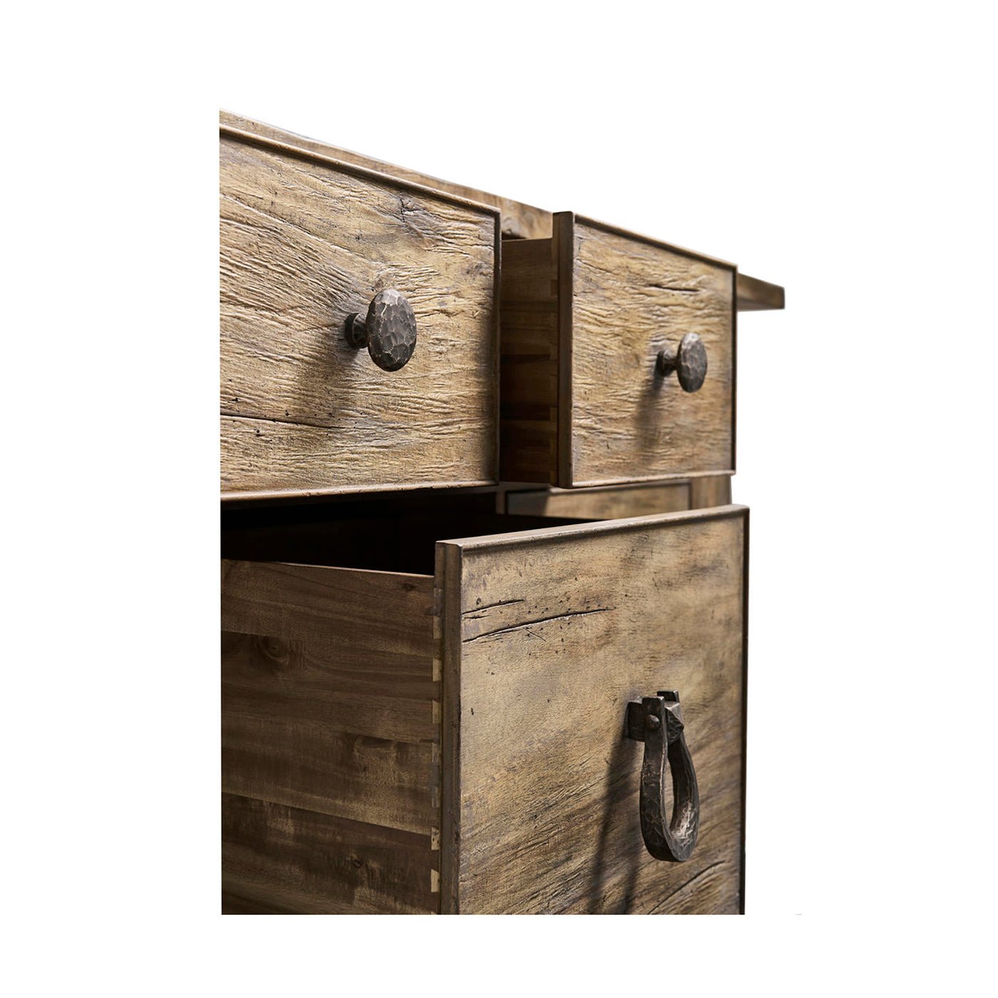 Open drawer revealing interior of rustic farmhouse dresser.