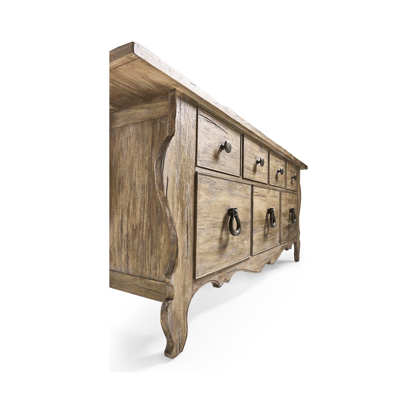 Angle view of farmhouse dresser showing drawer details.