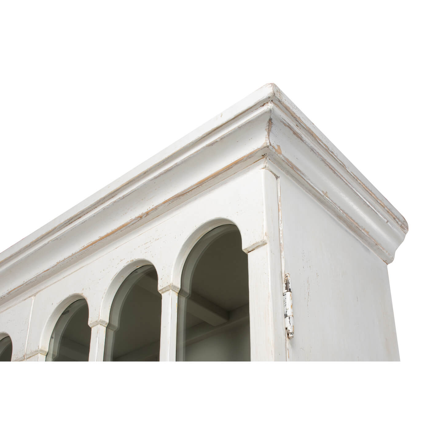 Rustic farmhouse bookcase, decorative top corner detail.