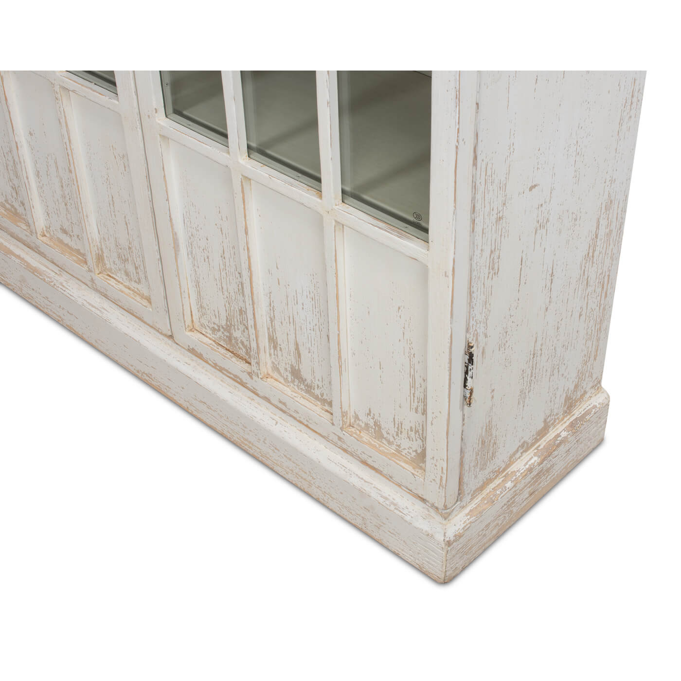 Rustic whitewashed bookcase, detailed base view.
