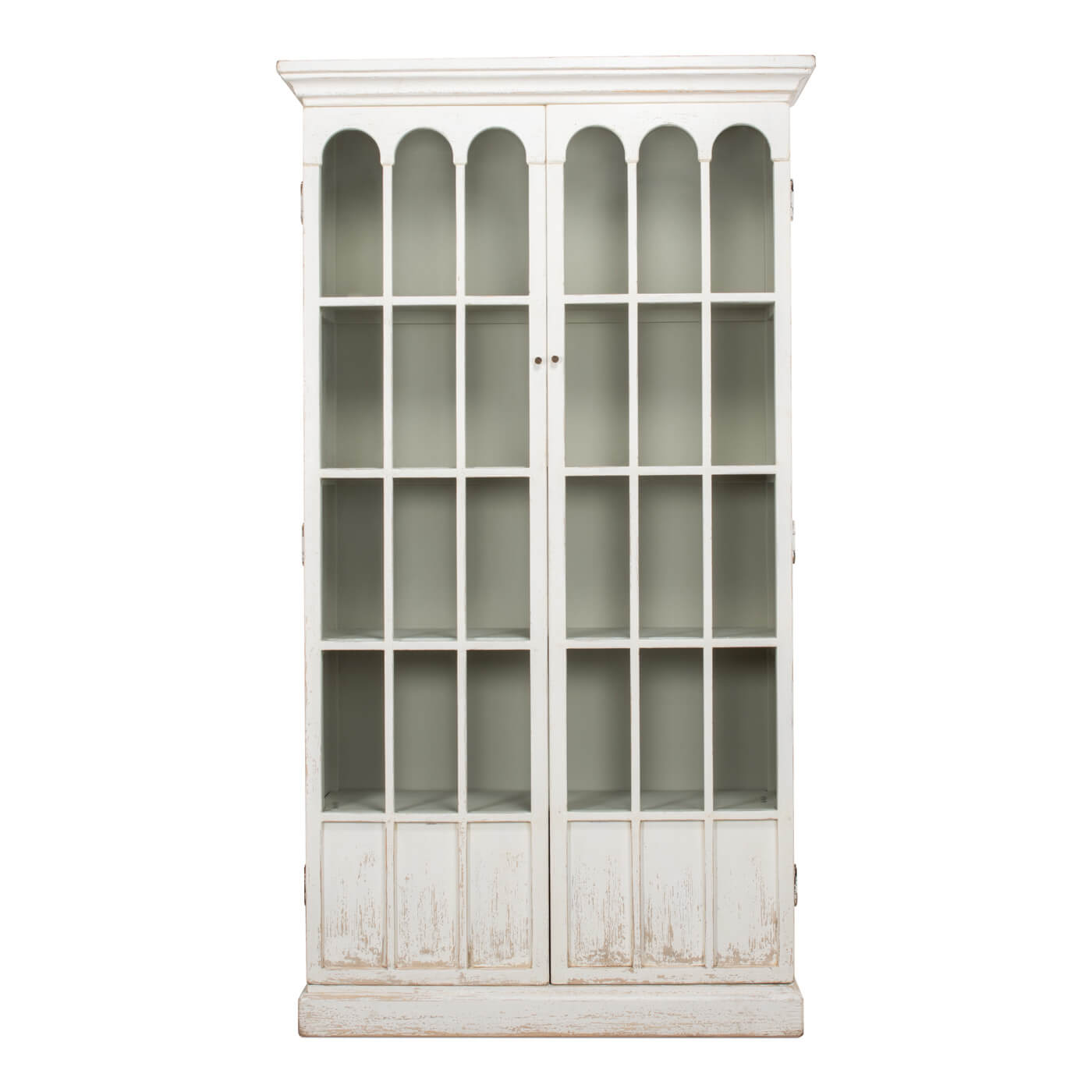 Rustic farmhouse bookcase, front view with doors closed.