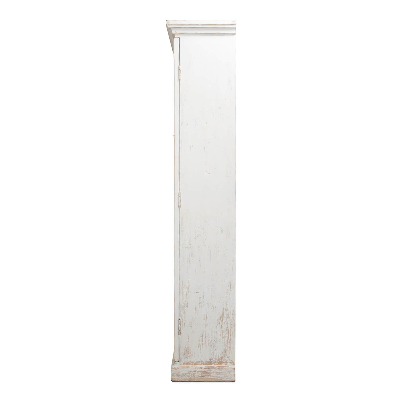 Rustic whitewashed bookcase, side profile view.