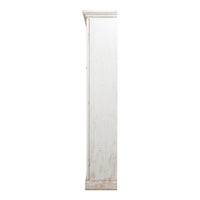 Rustic whitewashed bookcase, side profile view.
