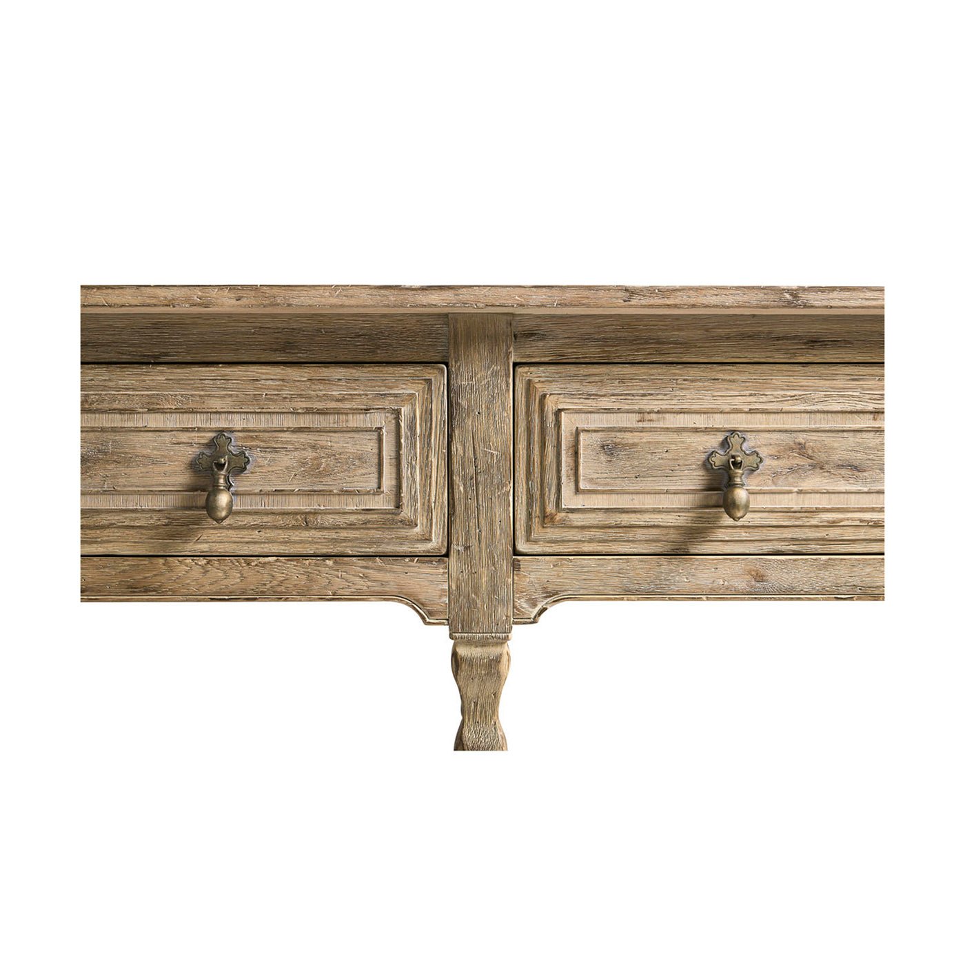 Close-up of drawers on rustic console table.