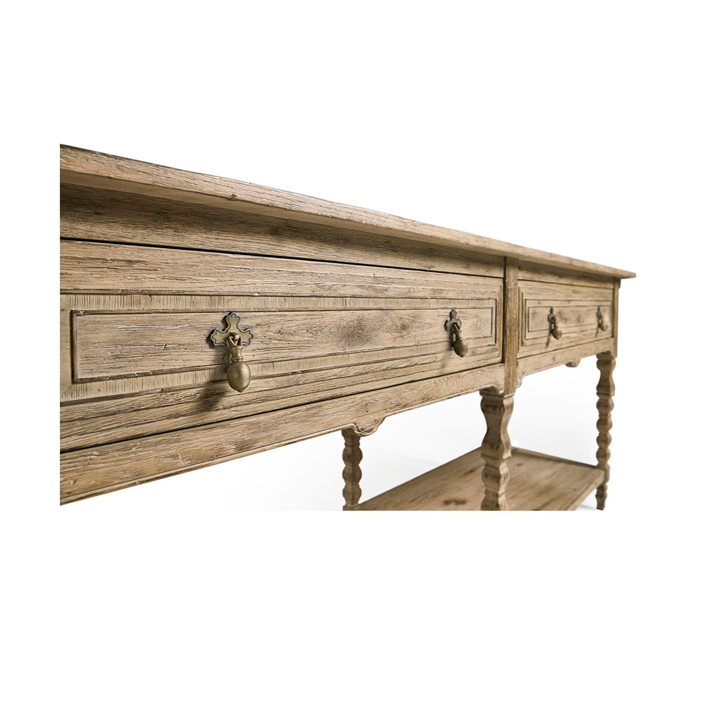 Side view focusing on rustic console table drawers.