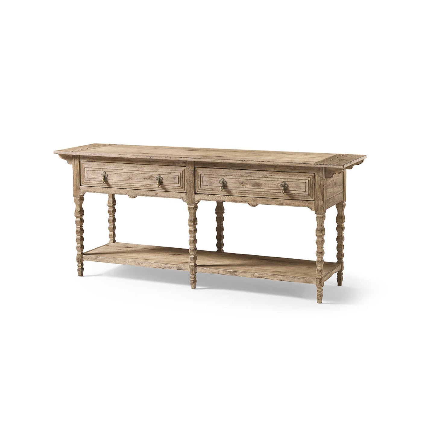 Rustic console table with tapered legs, angled view.