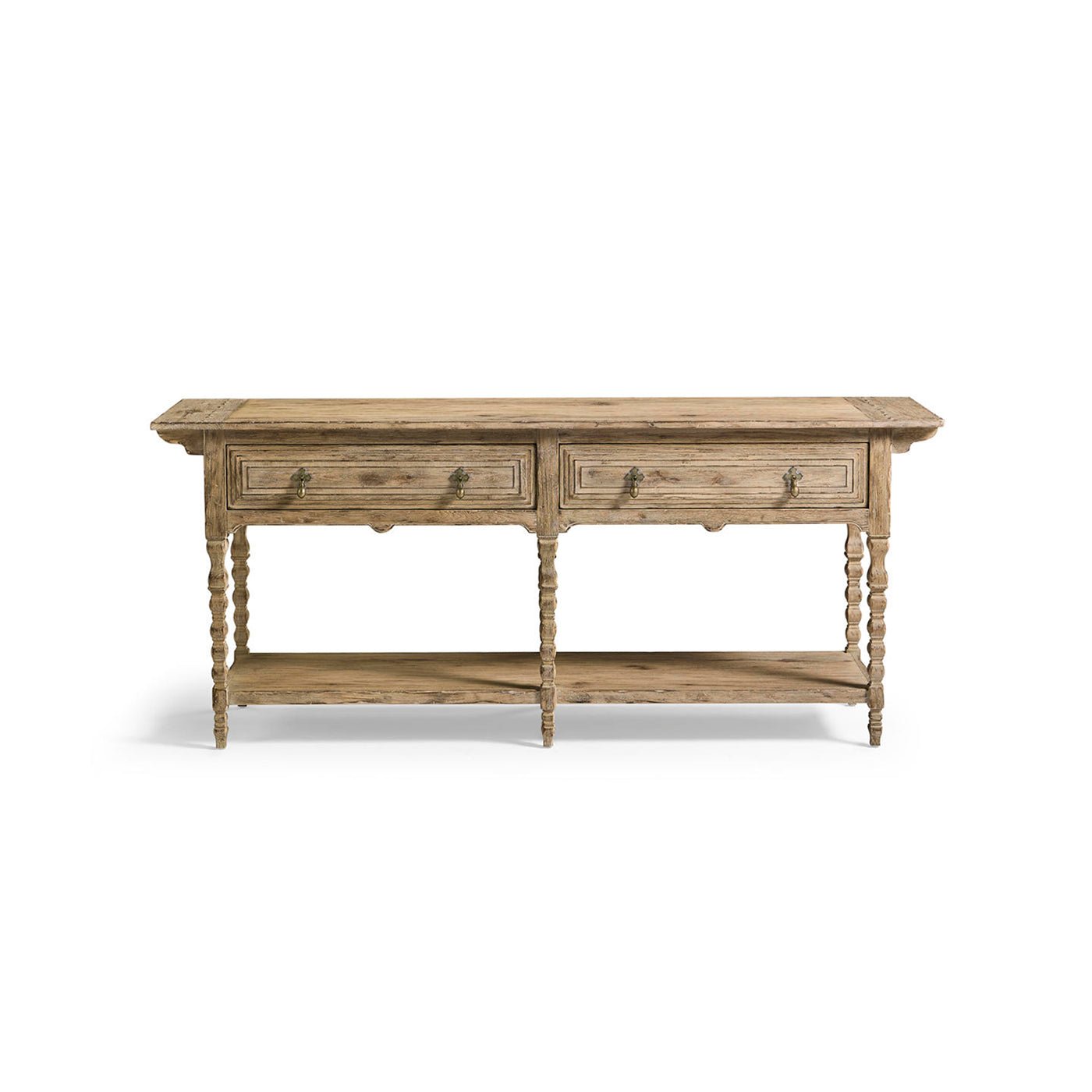 Front view of rustic console table, two drawers.