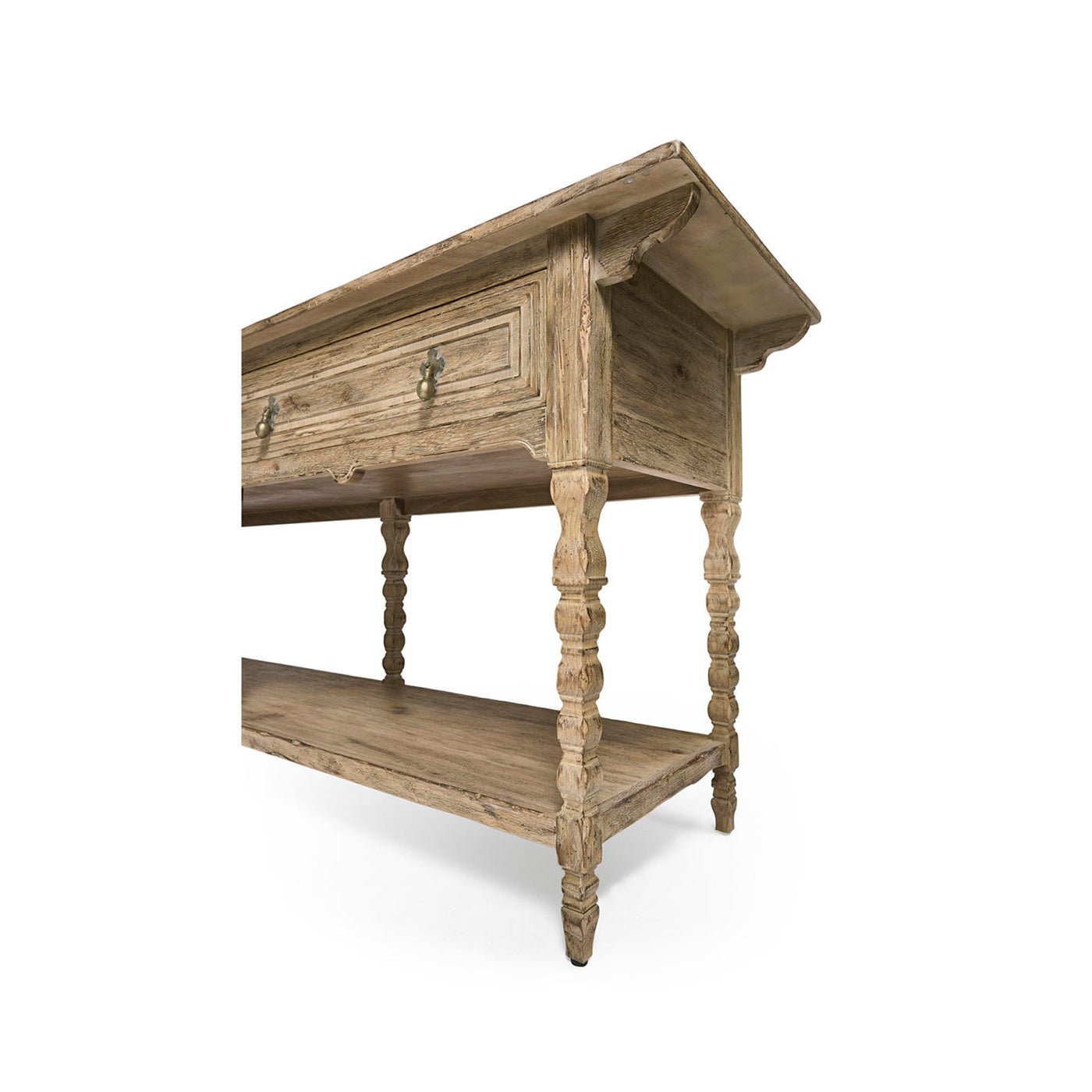 Side detail of console table showing tapered leg design.