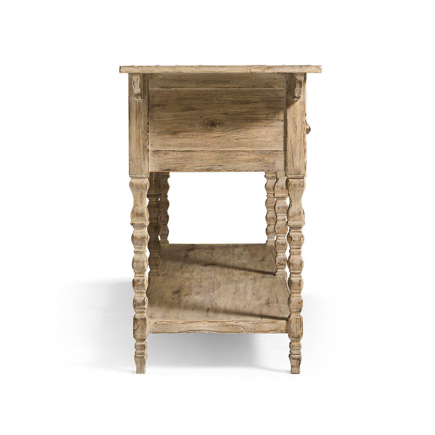 End view showing leg design on rustic console table.
