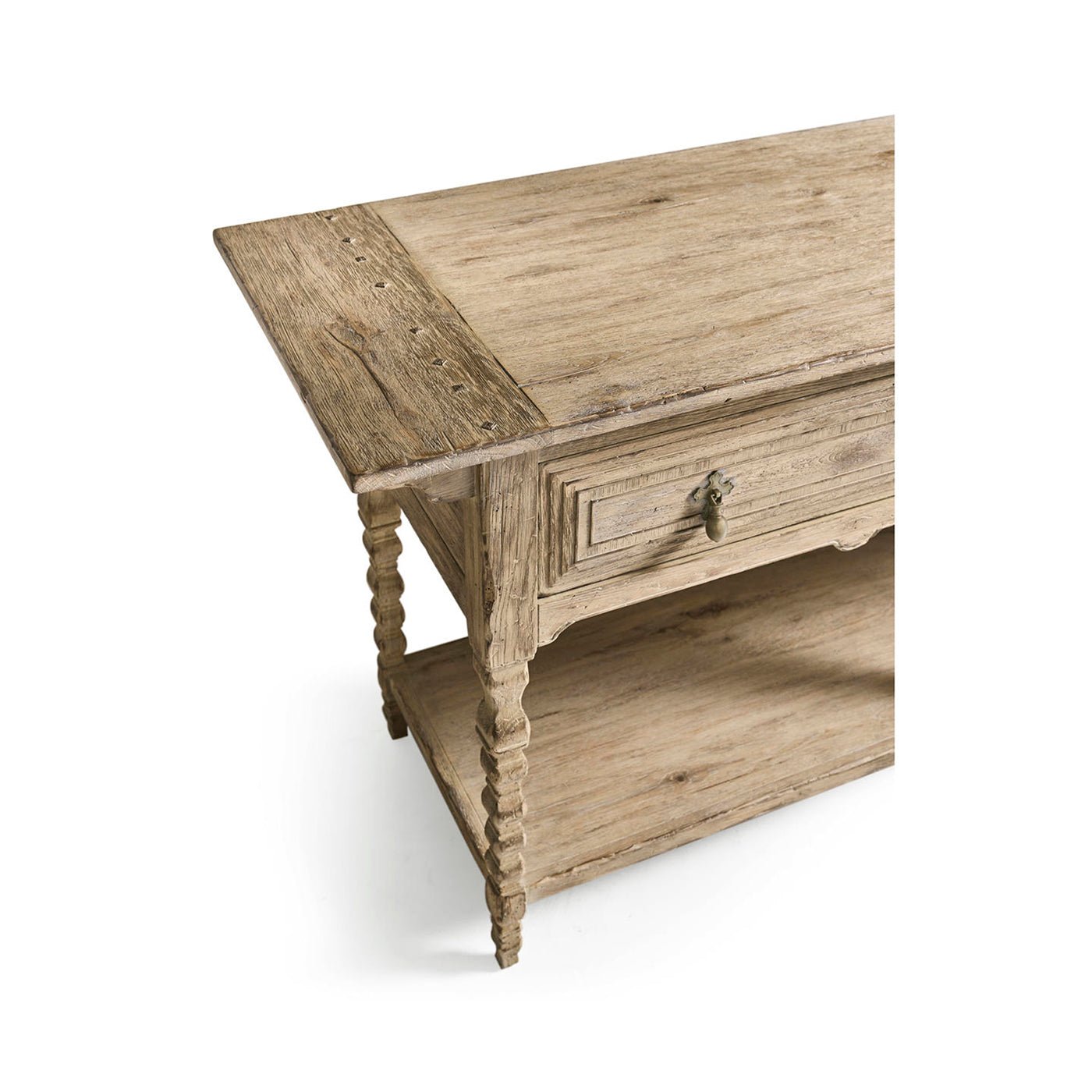 Upper corner detail of rustic console table, surface texture.