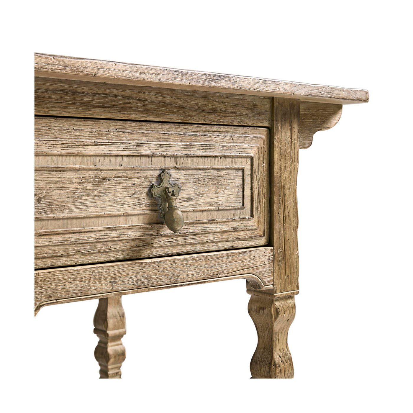 Close-up of drawer and leg detail on console table.