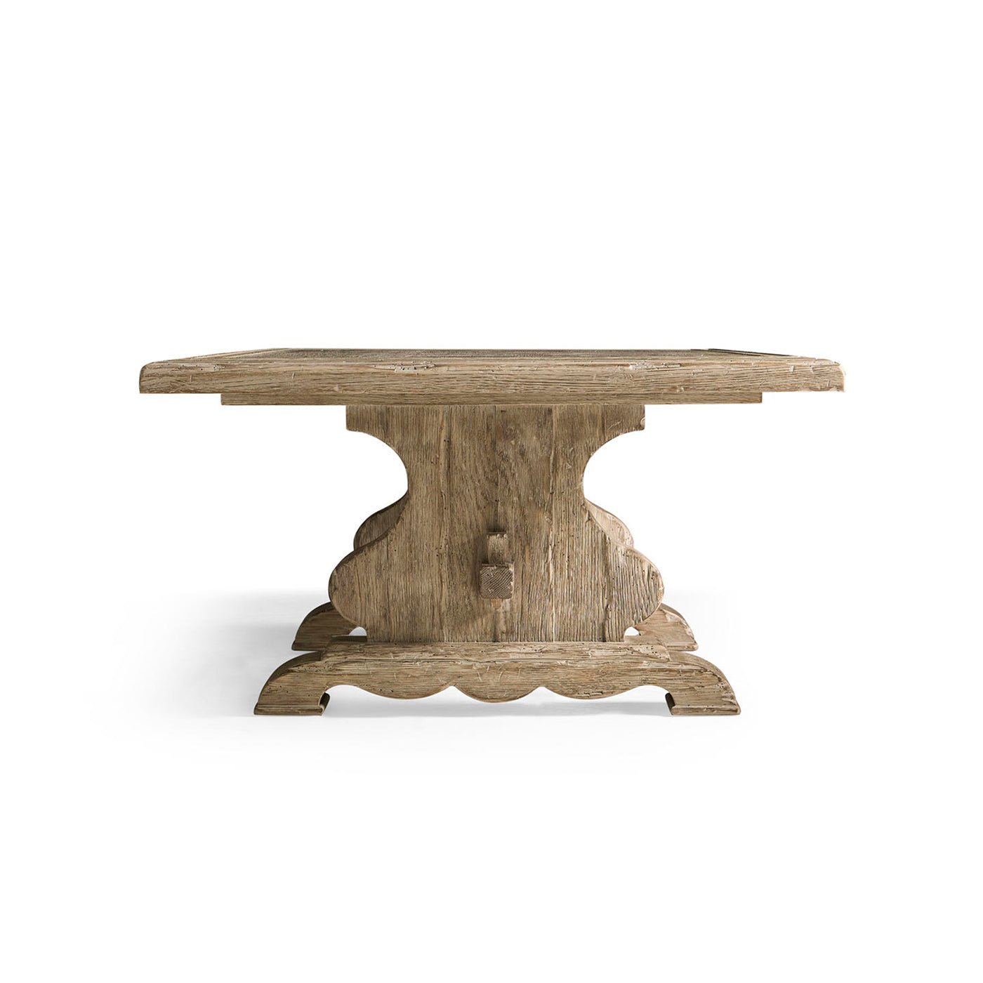 End view of crafted trestle base on coffee table