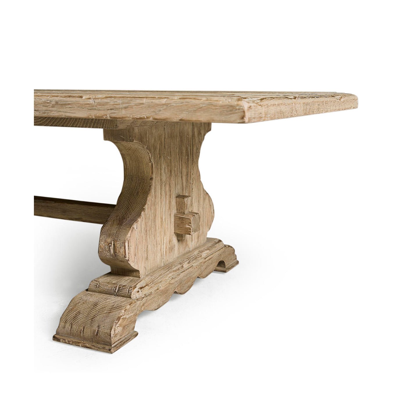 Carved trestle base detail on farmhouse coffee table