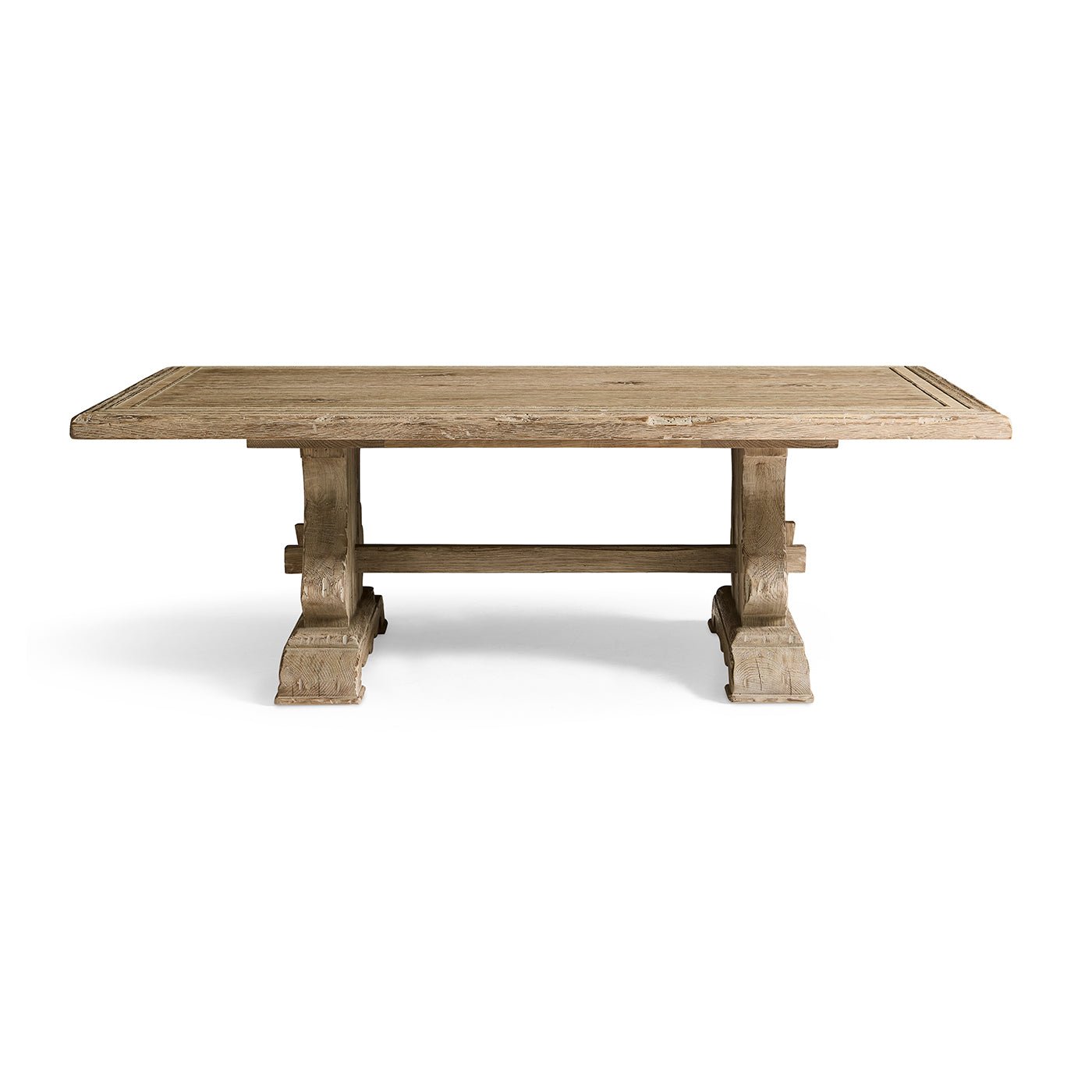 Side view of rustic farmhouse trestle coffee table