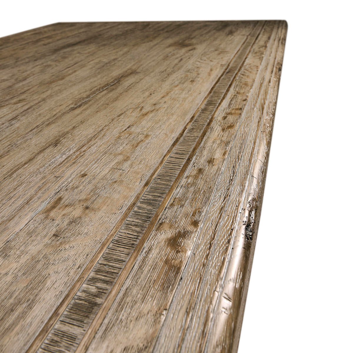 Top surface texture of rustic farmhouse dining table.