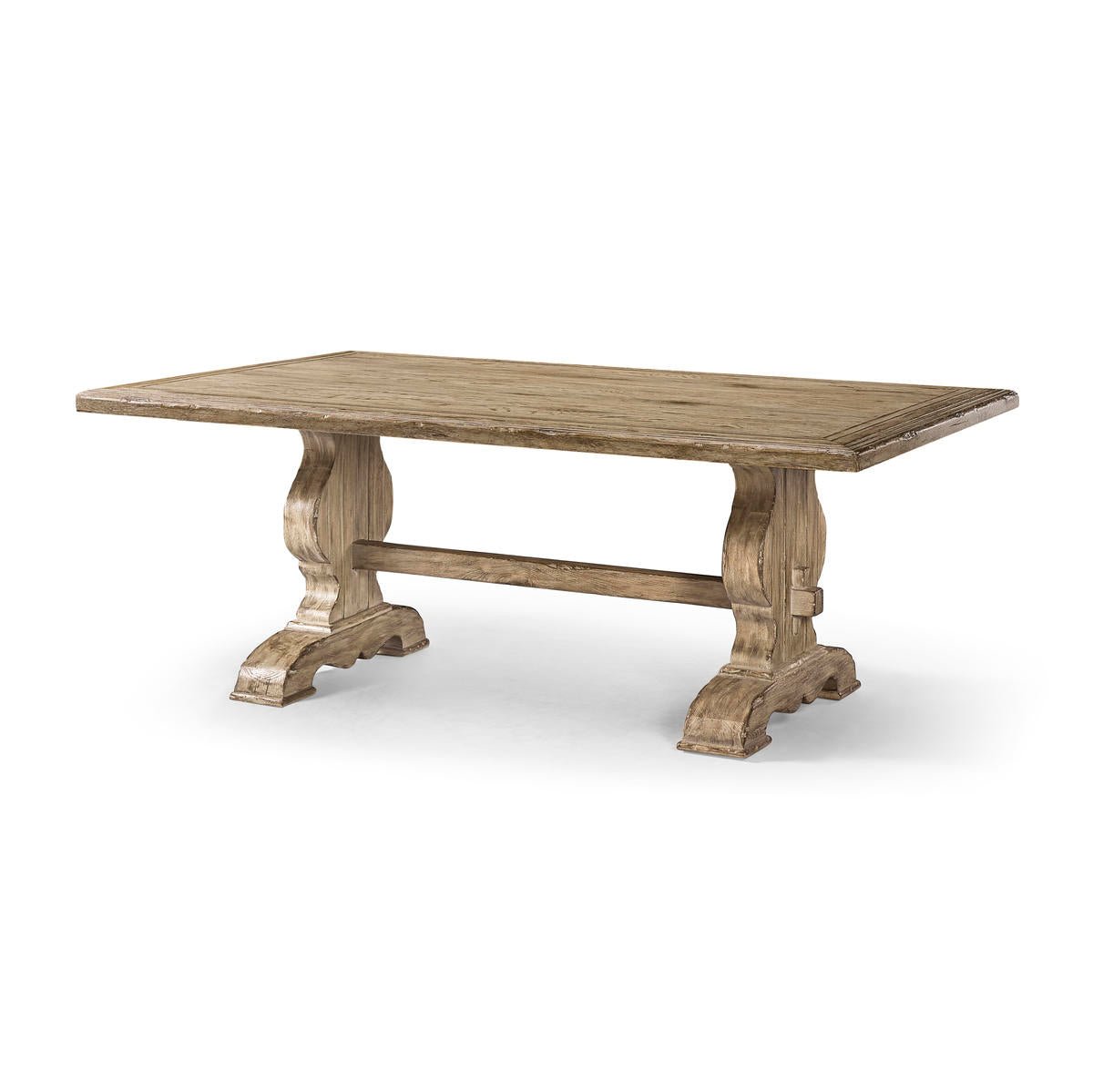 Rustic farmhouse trestle dining table, full side view.
