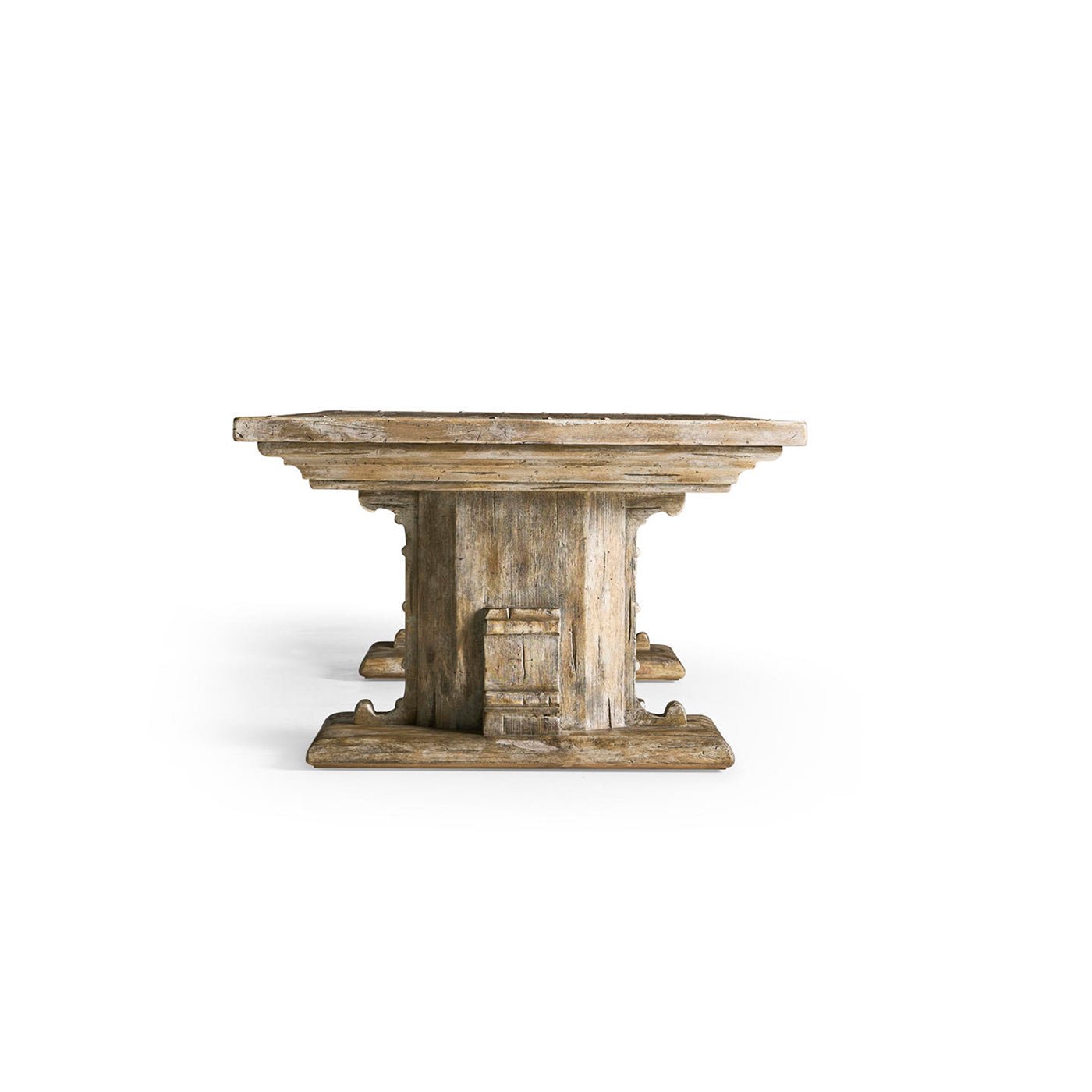 Side view of rustic farmhouse wood coffee table.