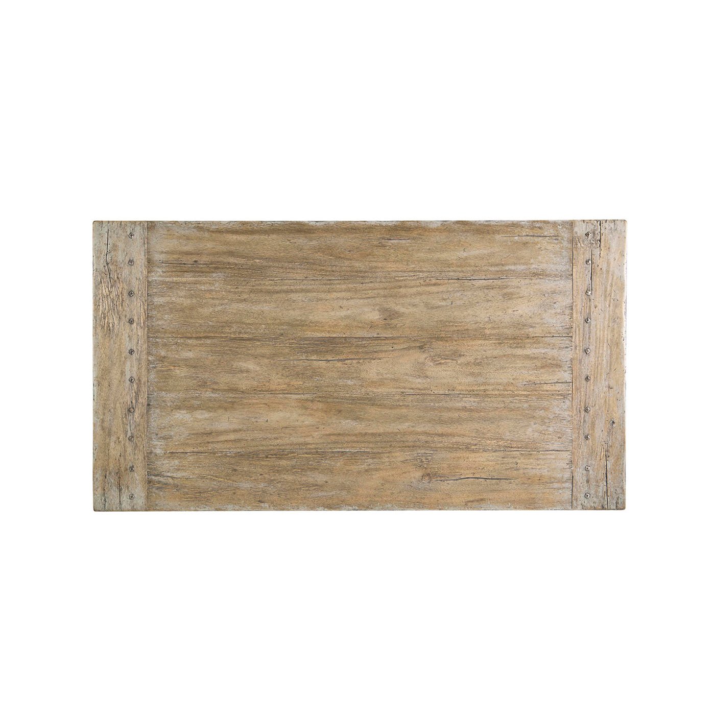 Rustic coffee table top, overhead view.