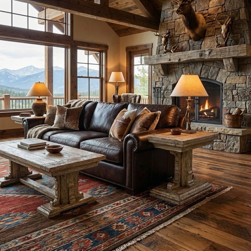Rustic coffee table in cozy living room setting.