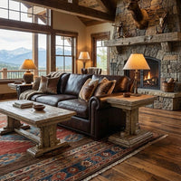 Rustic coffee table in cozy living room setting.