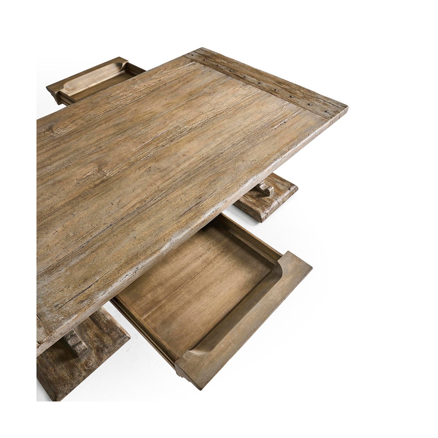 Rustic coffee table top view, open drawers.