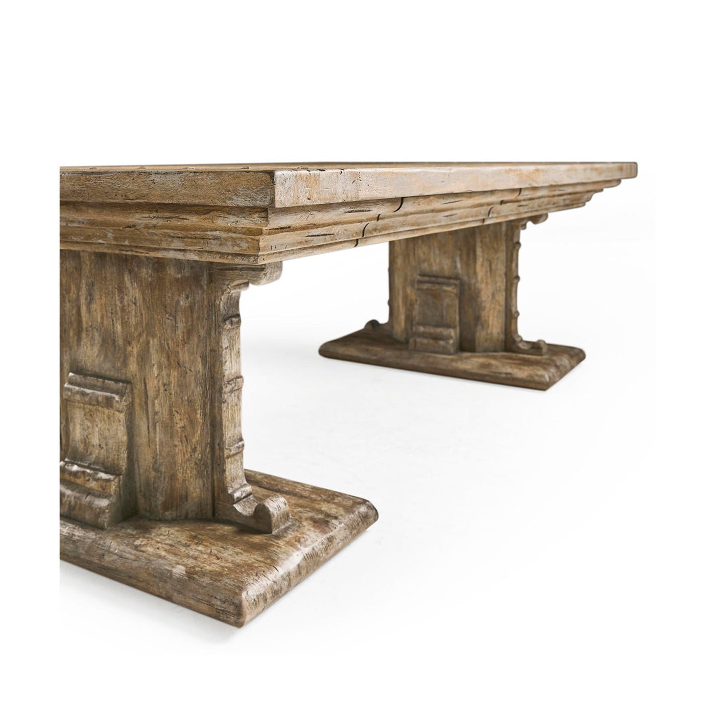 Rustic coffee table with trestle base detail.
