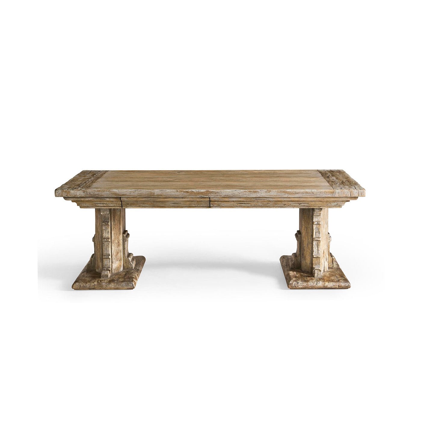 Rustic wood coffee table, front-facing view.