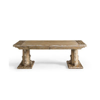 Rustic wood coffee table, front-facing view.