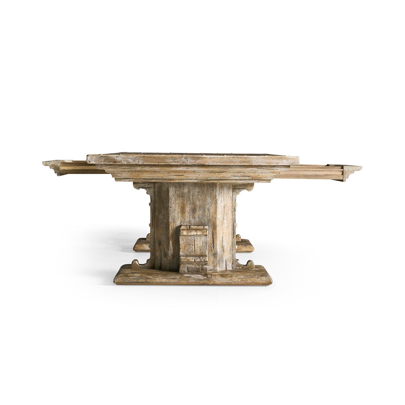 Side view, open drawer detail on rustic coffee table.