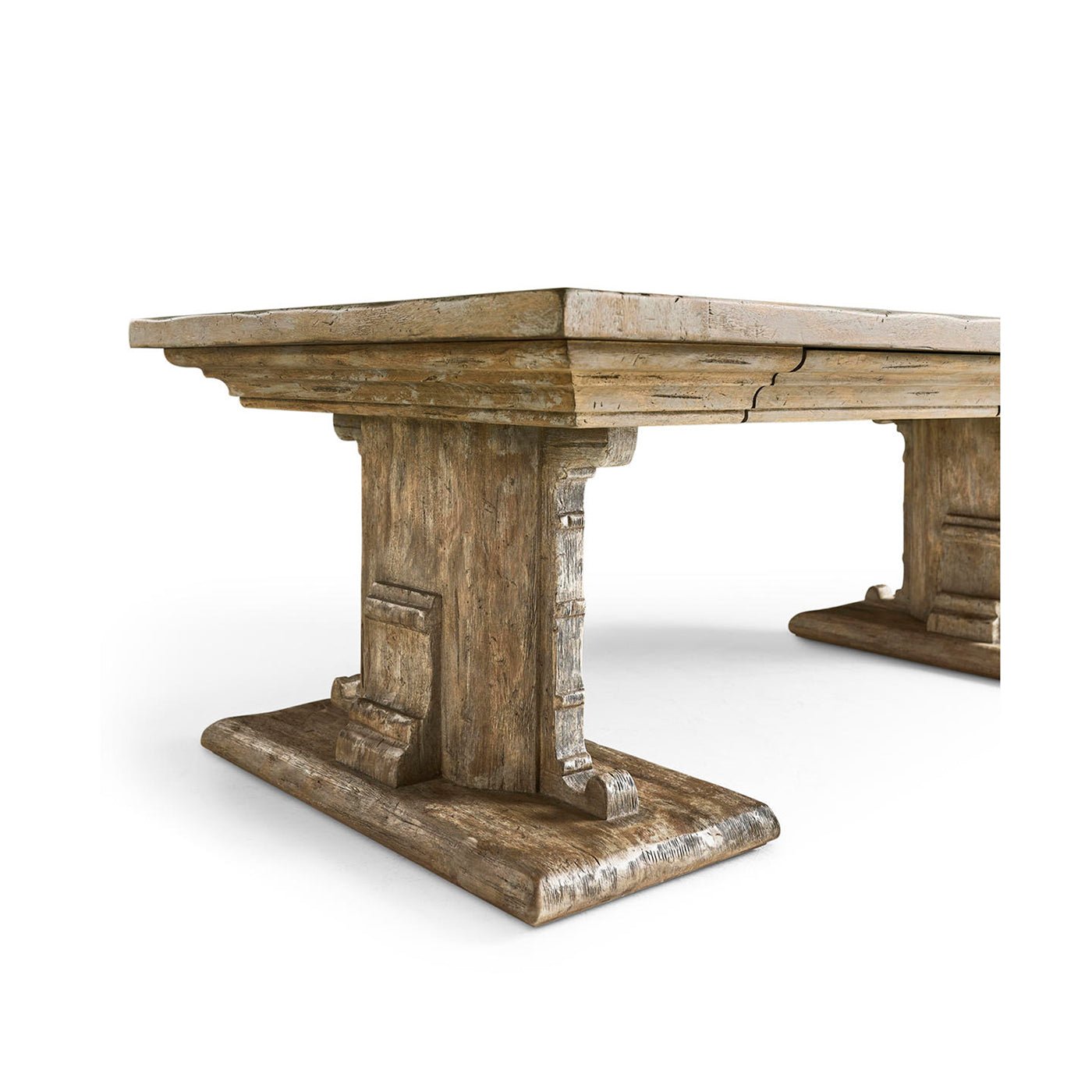 Detailed leg design of rustic farmhouse coffee table.