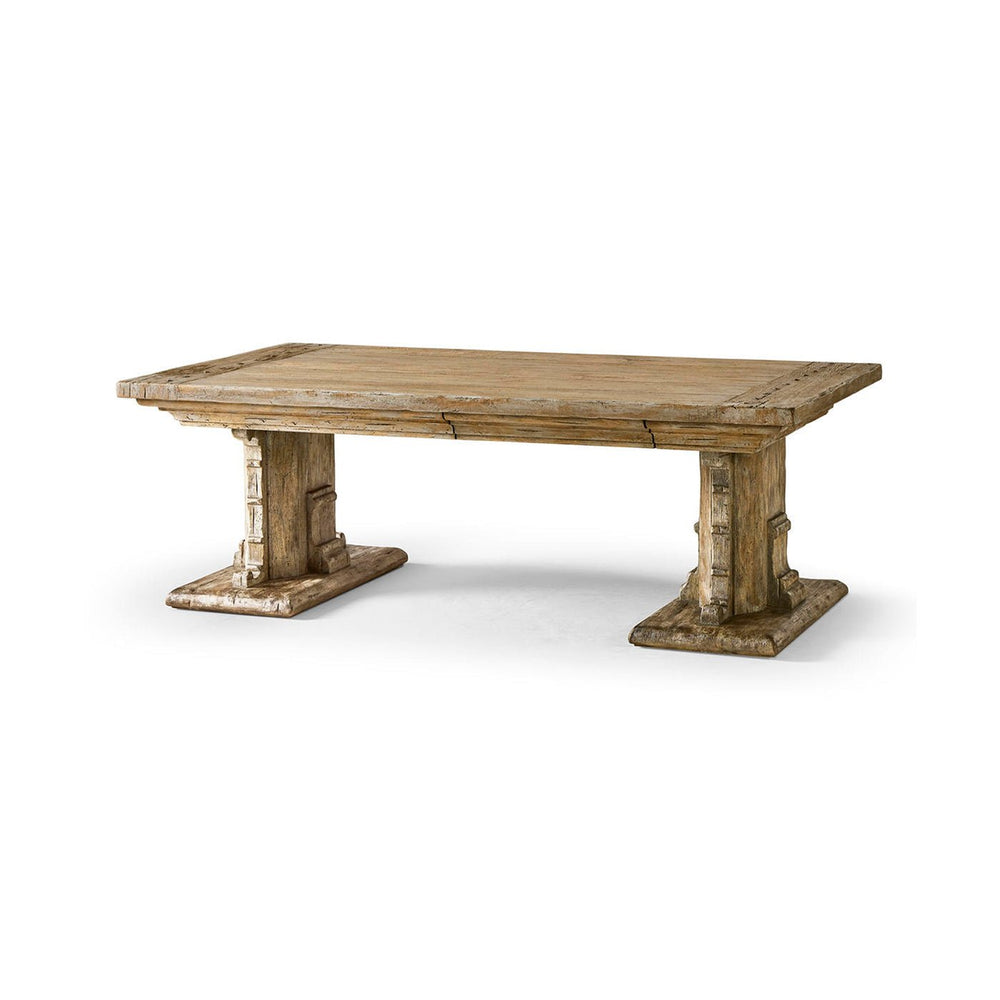 Rustic farmhouse wood coffee table, angled view image.