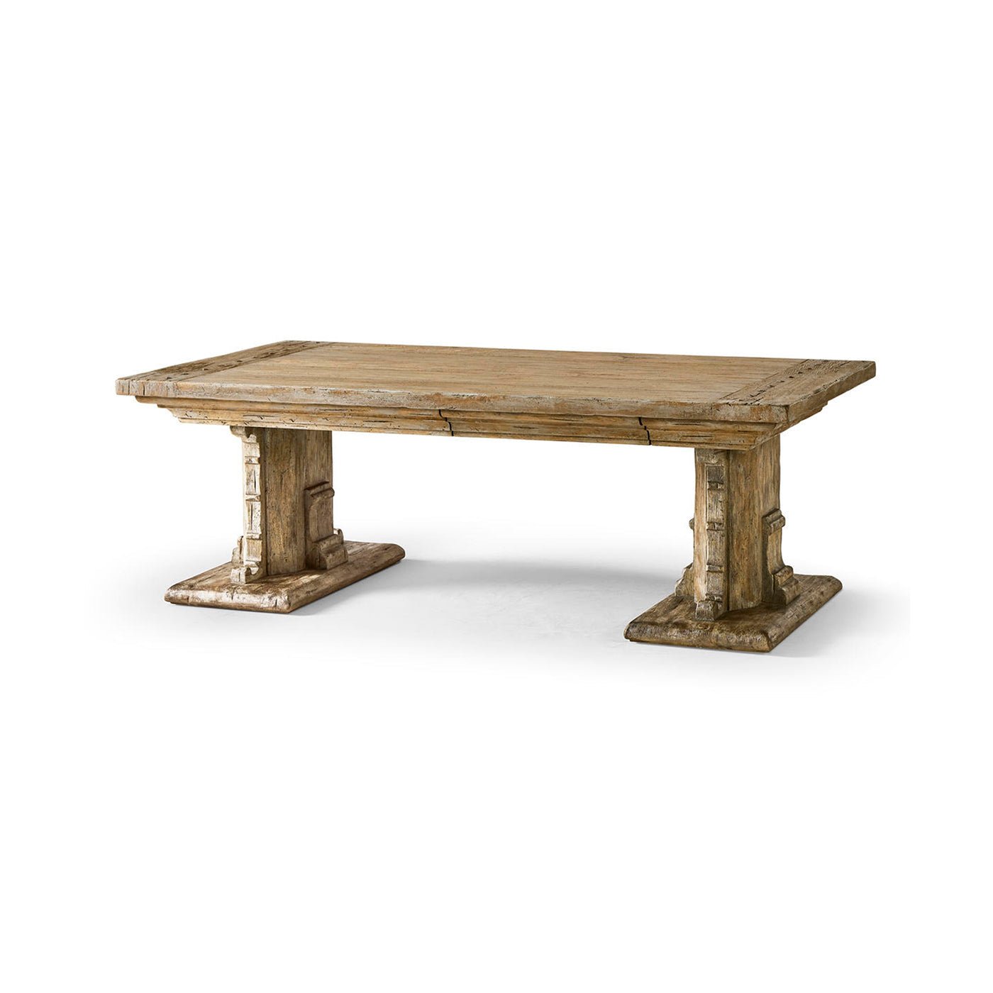 Rustic farmhouse wood coffee table, angled view image.