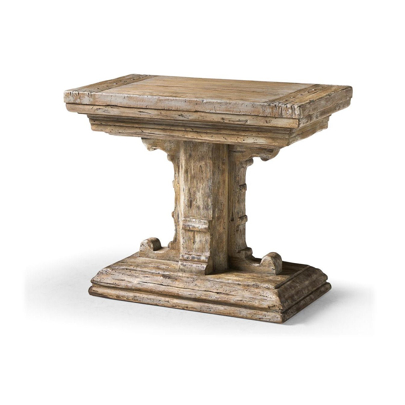 Rustic farmhouse trestle wood side table, perspective view.
