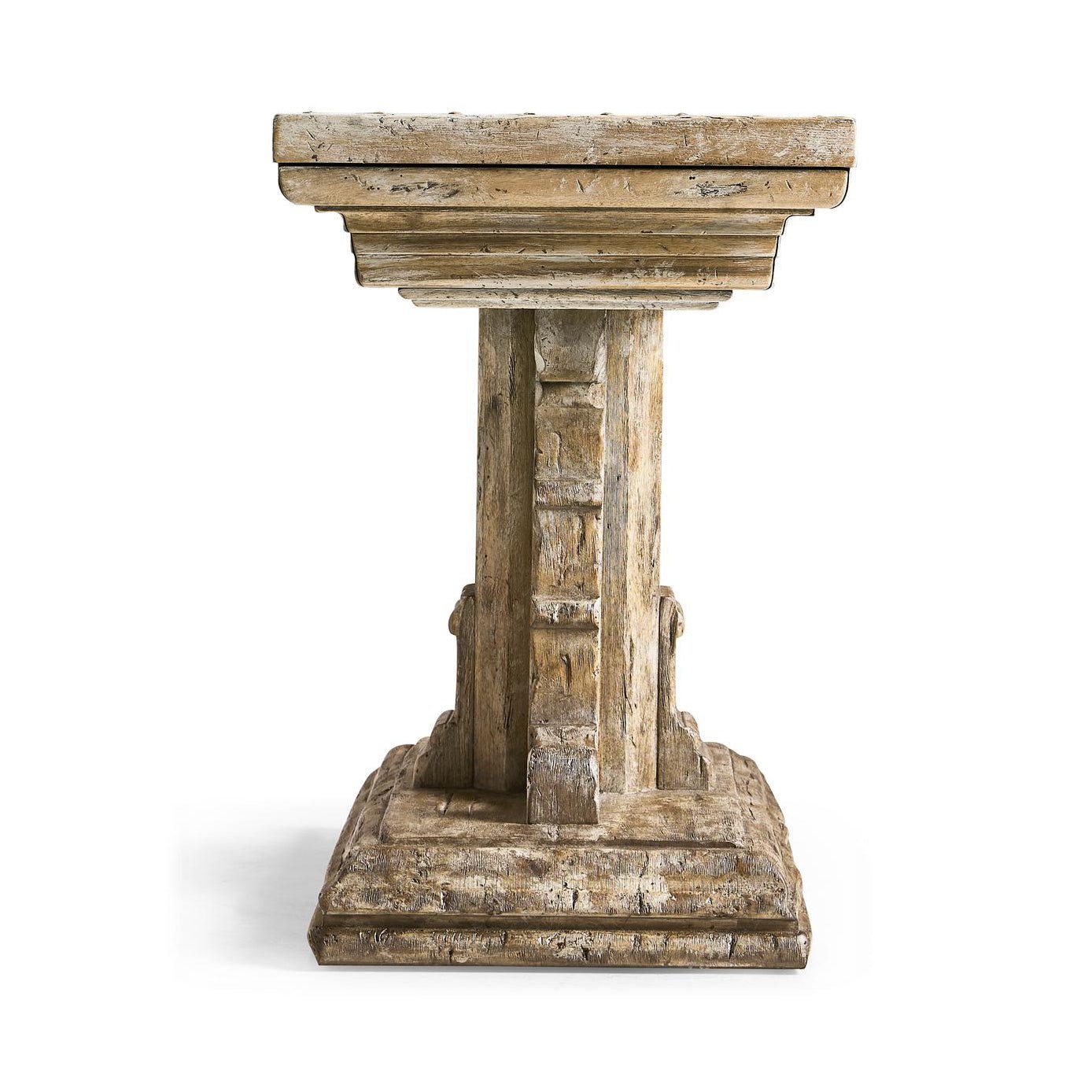 Side view of rustic farmhouse trestle wood side table.