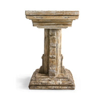Side view of rustic farmhouse trestle wood side table.