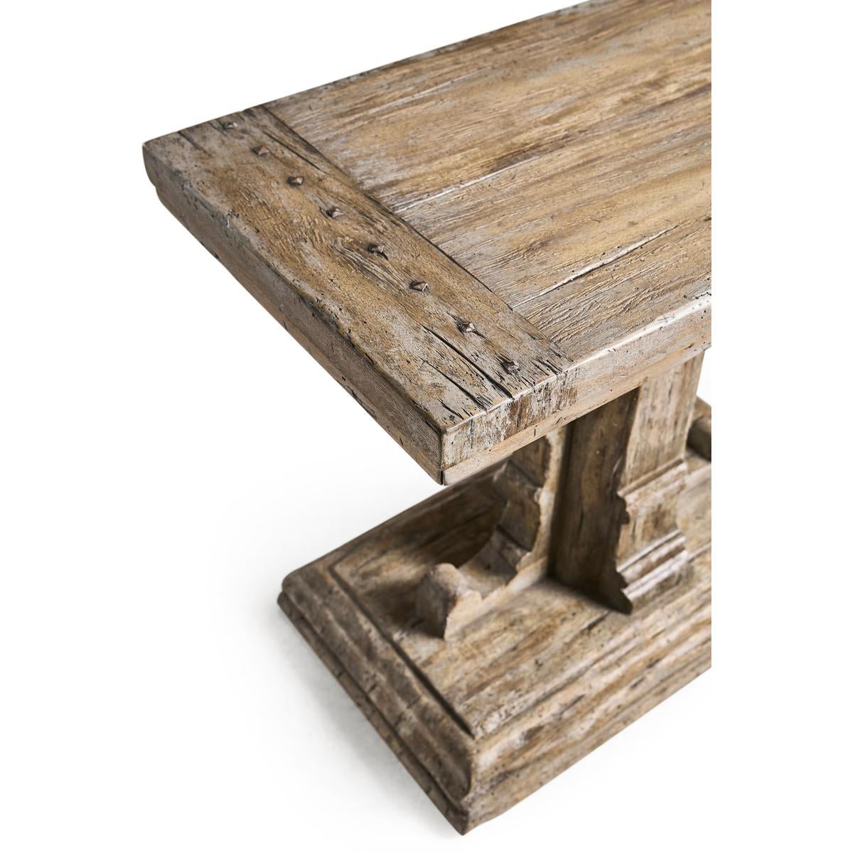 Rustic side table corner and pedestal design close-up.