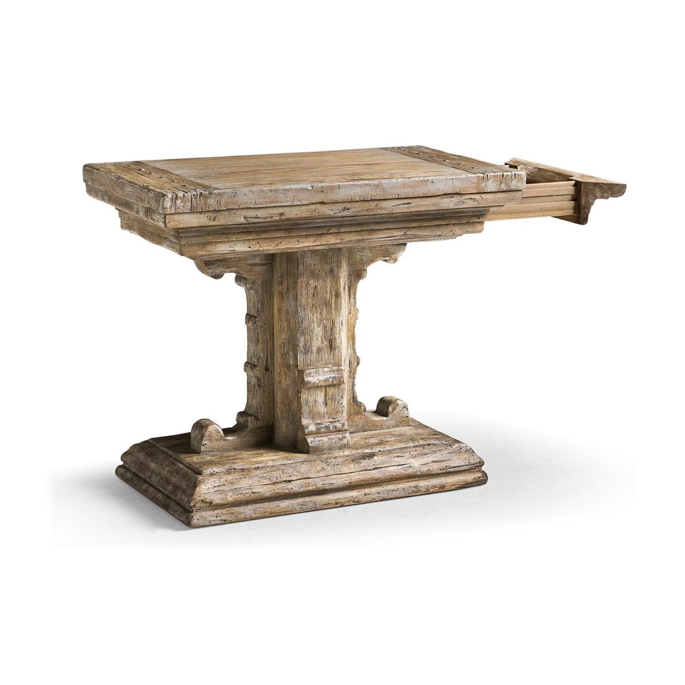 Rustic farmhouse side table with open extension drawer.