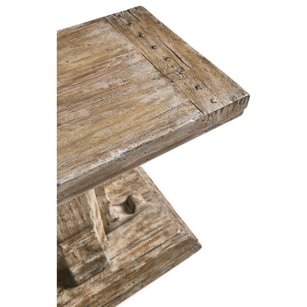 Corner detail of rustic farmhouse wood side table surface.