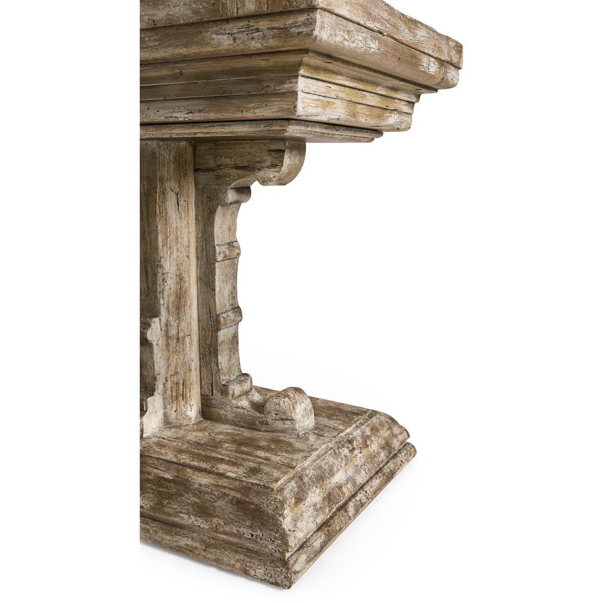 Detailed view of rustic side table pedestal base.