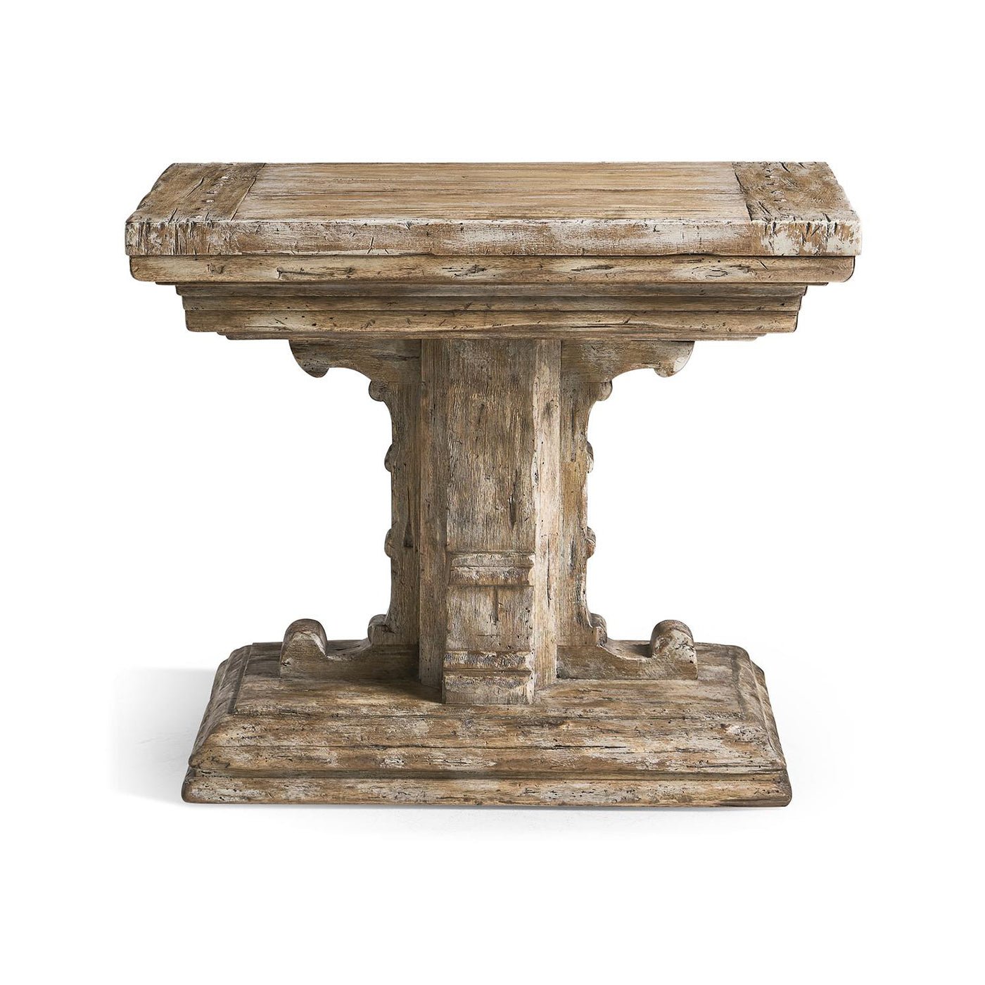 Front view of rustic farmhouse trestle wood side table.