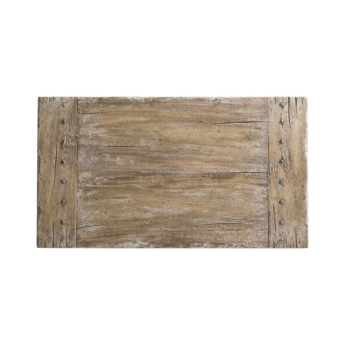 Top view of rustic farmhouse wood side table surface.