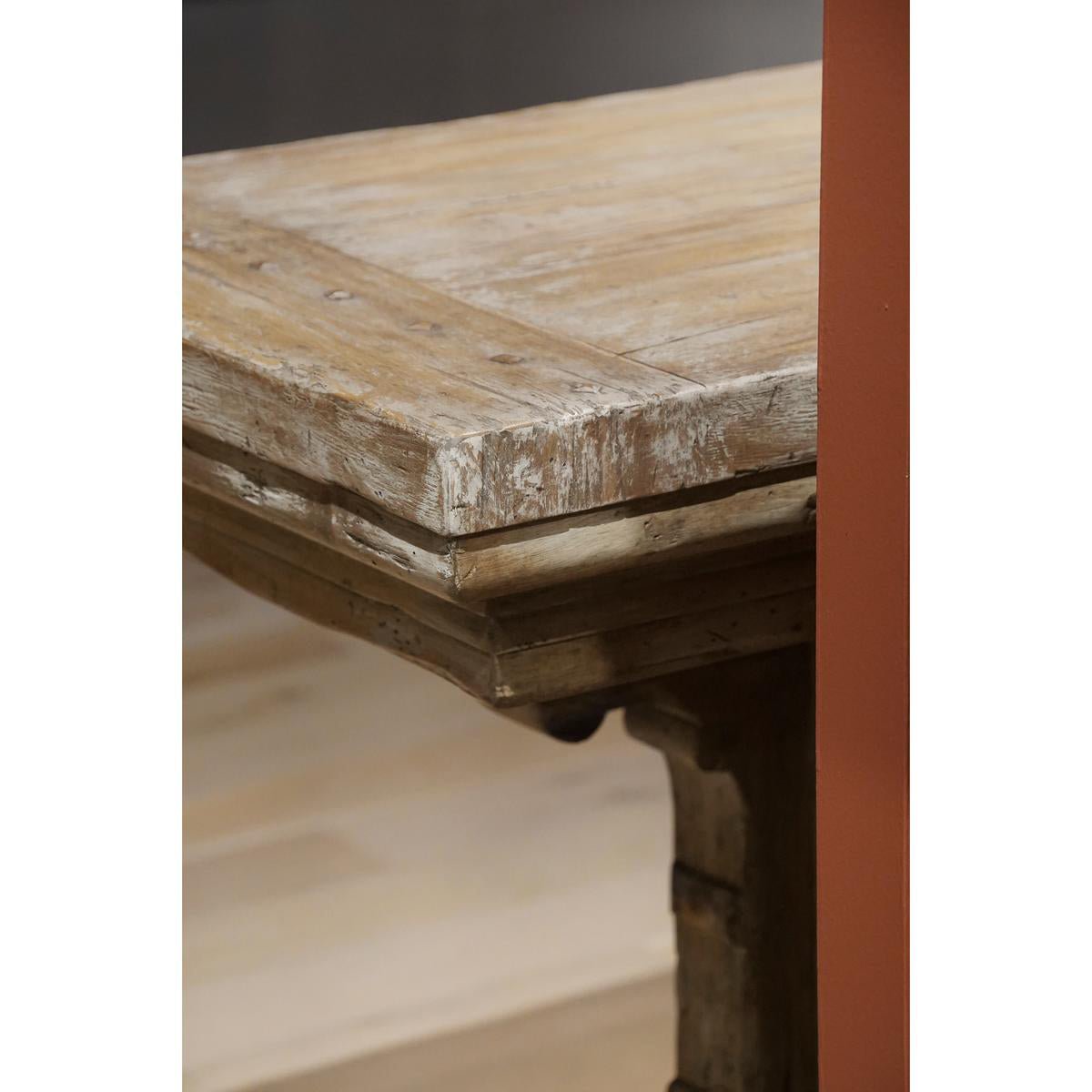 Close-up, rustic side table corner detail and texture.