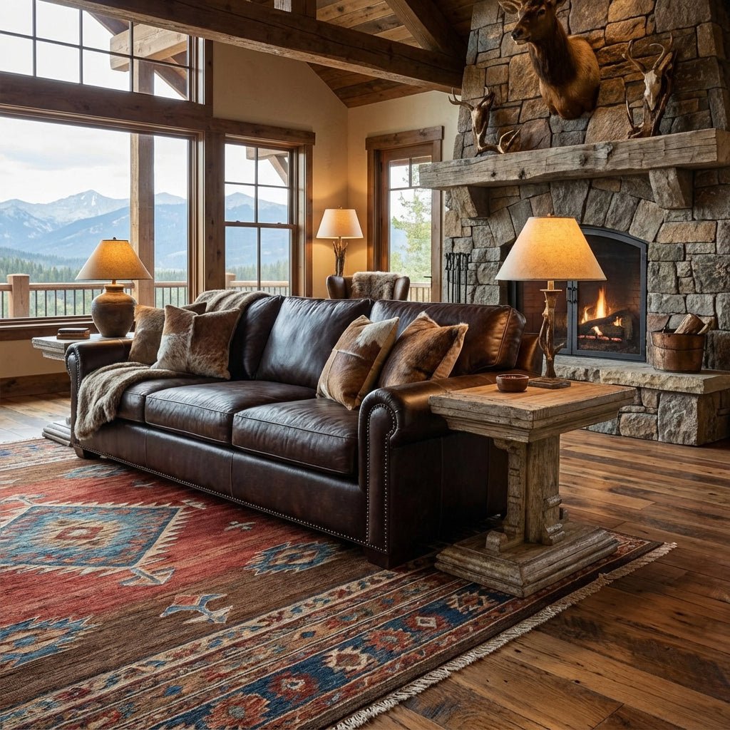 Rustic side table in cozy living room setting.